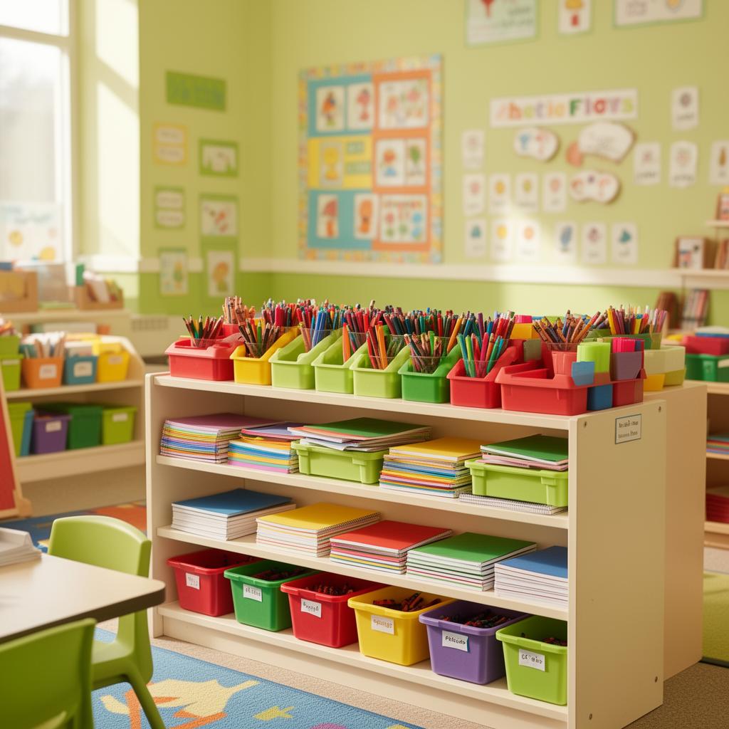 Classroom supplies organized in bins